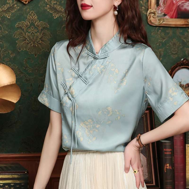チャイナ服 優雅な金箔模様入りチャイナカラーブラウス