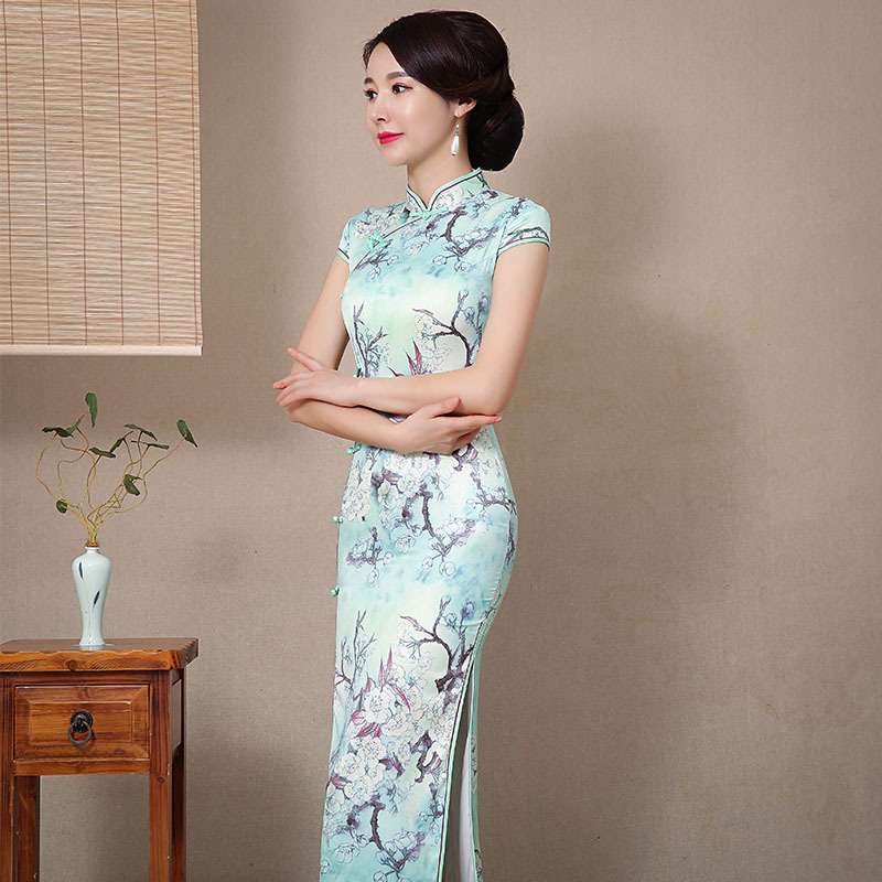 チャイナ服 花柄チャイナドレス 立ち襟 スリット入り