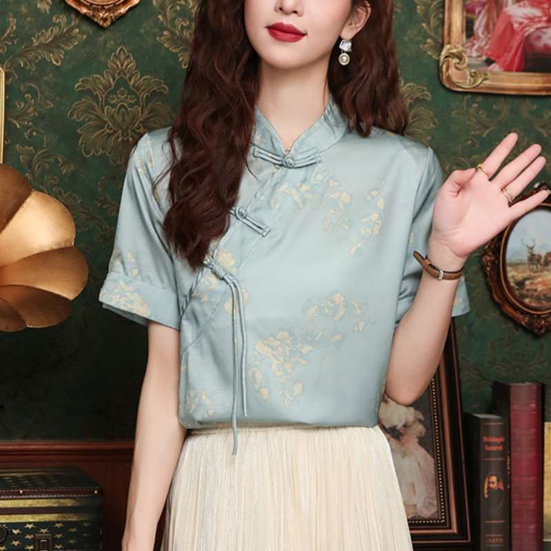 チャイナ服 優雅な金箔模様入りチャイナカラーブラウス