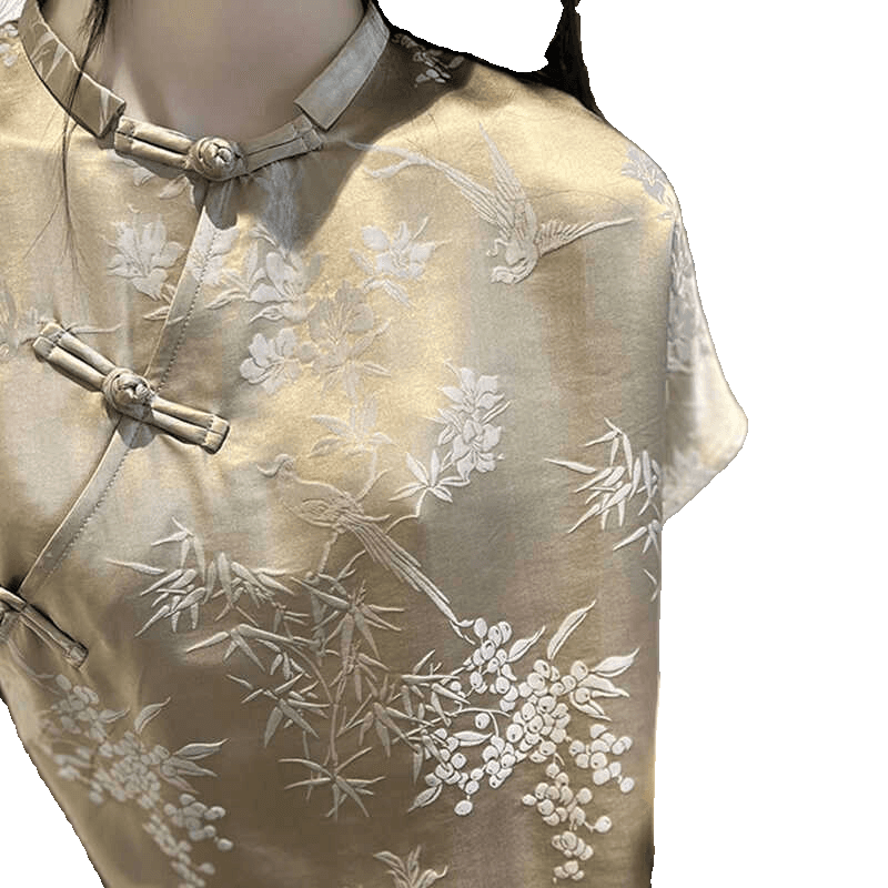 チャイナ服 花鳥柄チャイナトップス 刺繍入り半袖