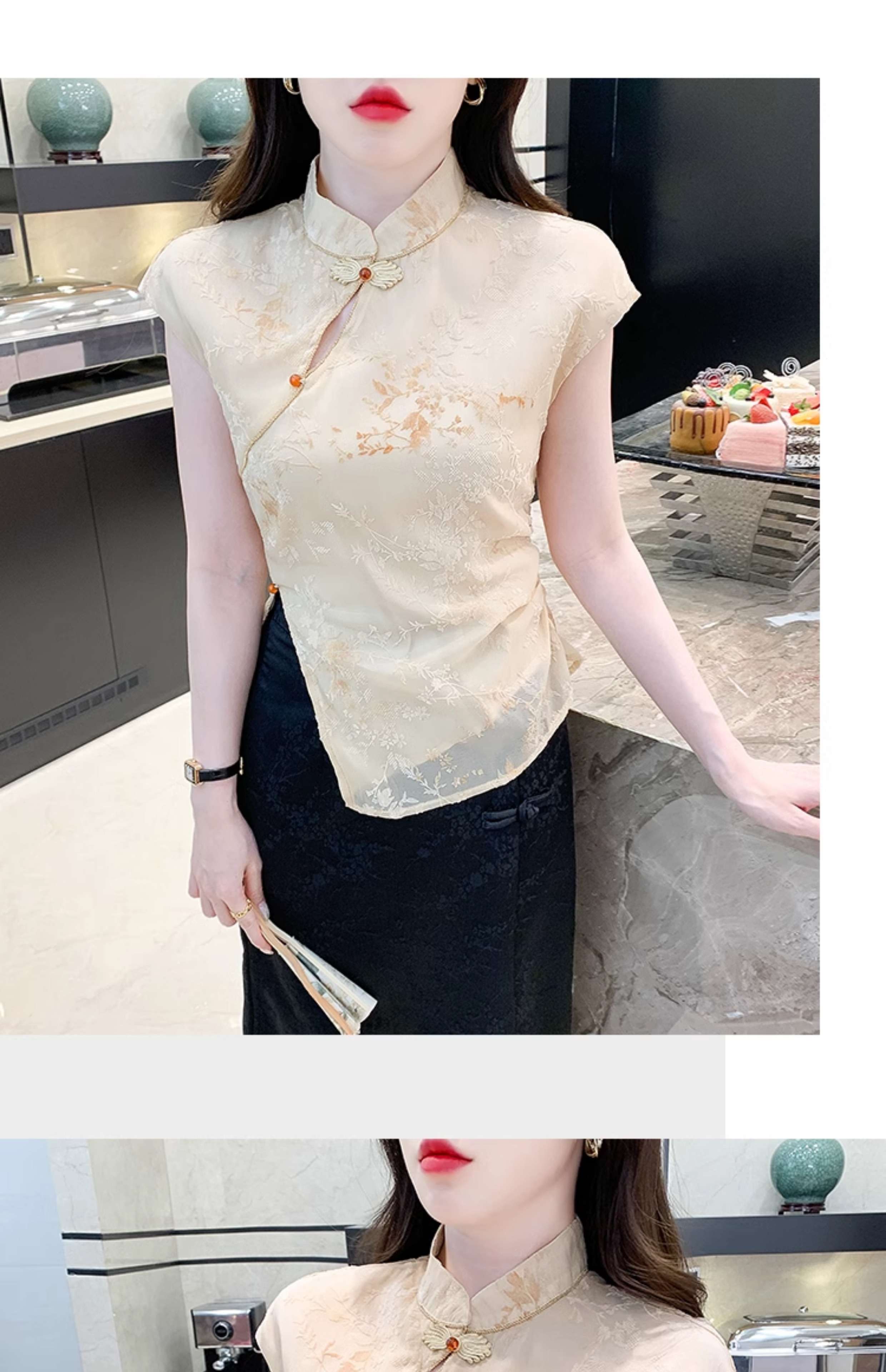 チャイナ服 チャイナ風刺繍入りキャップスリーブブラウス