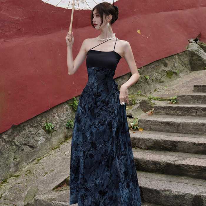 チャイナ服 ブラックブルー ゴシックデザインキャミソールチャイナドレス