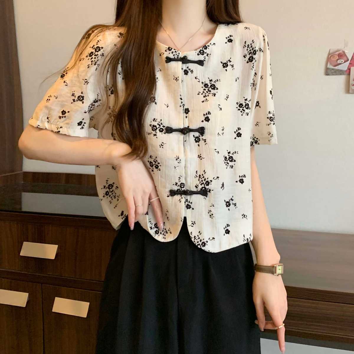 チャイナ服 花柄チャイナ風ショートスリーブブラウス