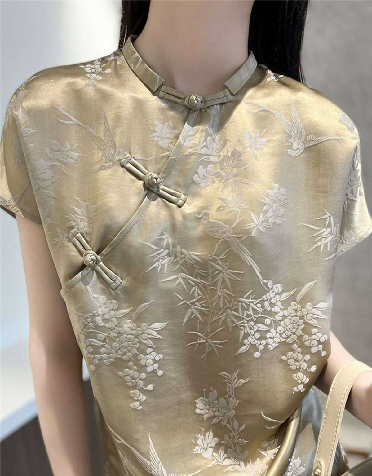 チャイナ服 花鳥柄チャイナトップス 刺繍入り半袖