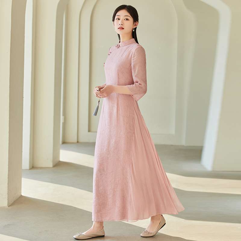 チャイナ服 エレガントなチャイナカラー ロングワンピース