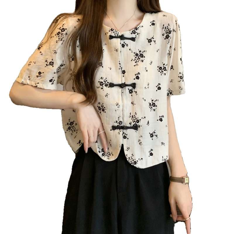 チャイナ服 花柄チャイナ風ショートスリーブブラウス