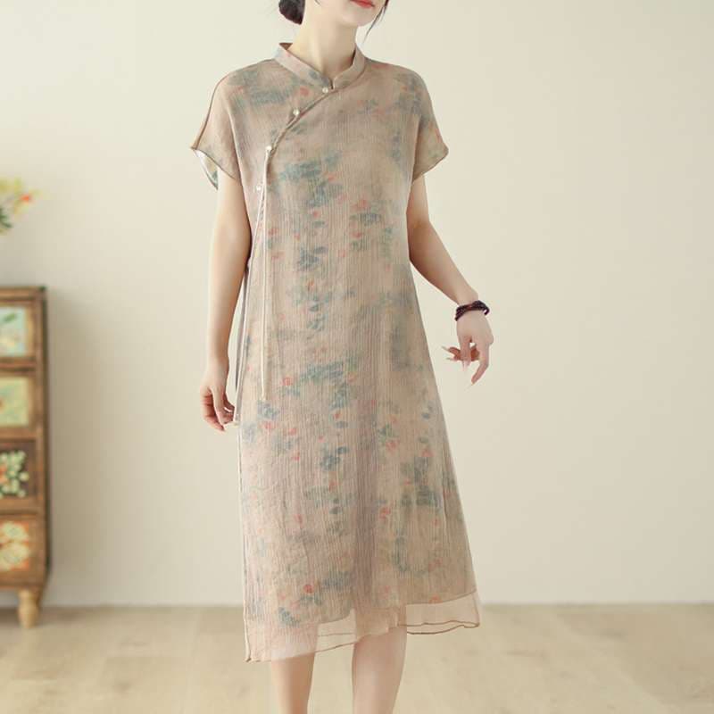 チャイナ服 花柄シースルーチャイナワンピース