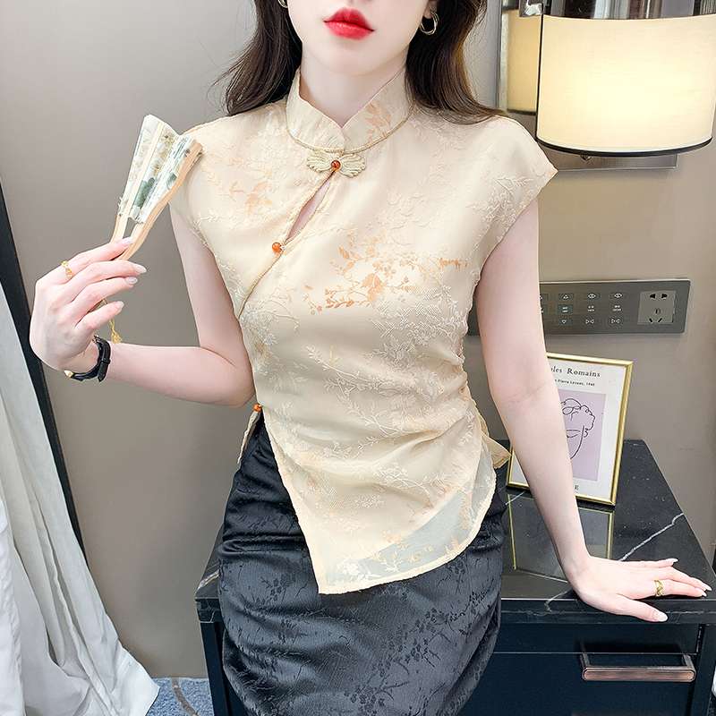 チャイナ服 チャイナ風刺繍入りキャップスリーブブラウス