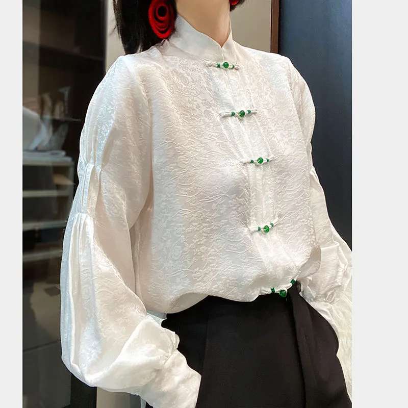 チャイナ服 東洋風デザインのシルク調ブラウス