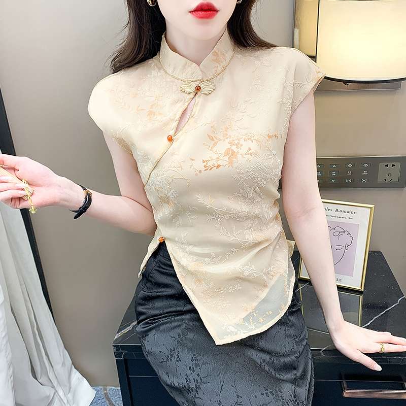 チャイナ服 チャイナ風刺繍入りキャップスリーブブラウス