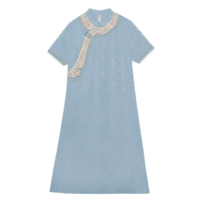 チャイナ服 水面刺繍のリラックスロングワンピース