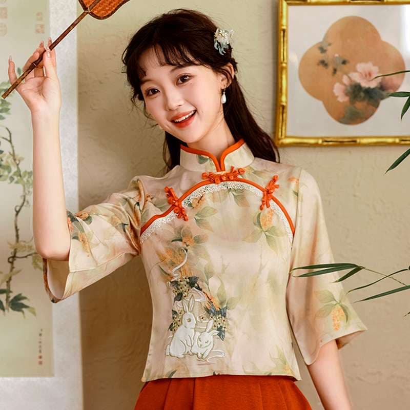 チャイナ服 花柄刺繍入りチャイナカラーブラウス