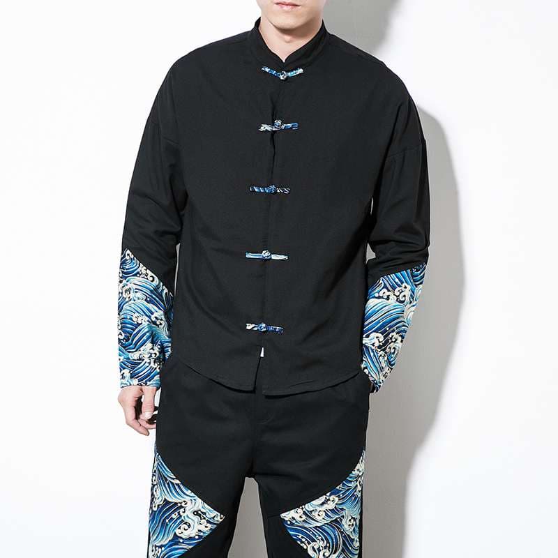 チャイナ服 波柄切り替え中華風ボタンシャツ