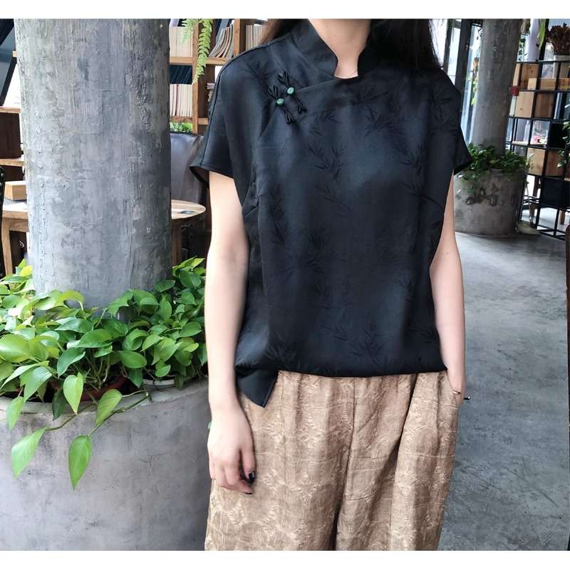 チャイナ服 竹柄刺繍入りチャイナカラーブラウス