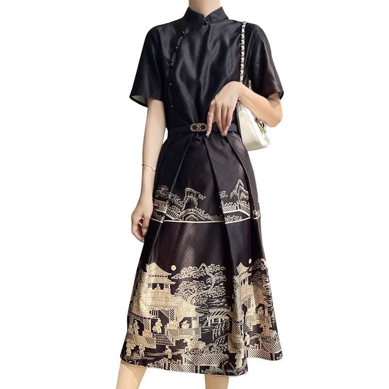 チャイナ服 優雅な風景模様チャイナカラーワンピース