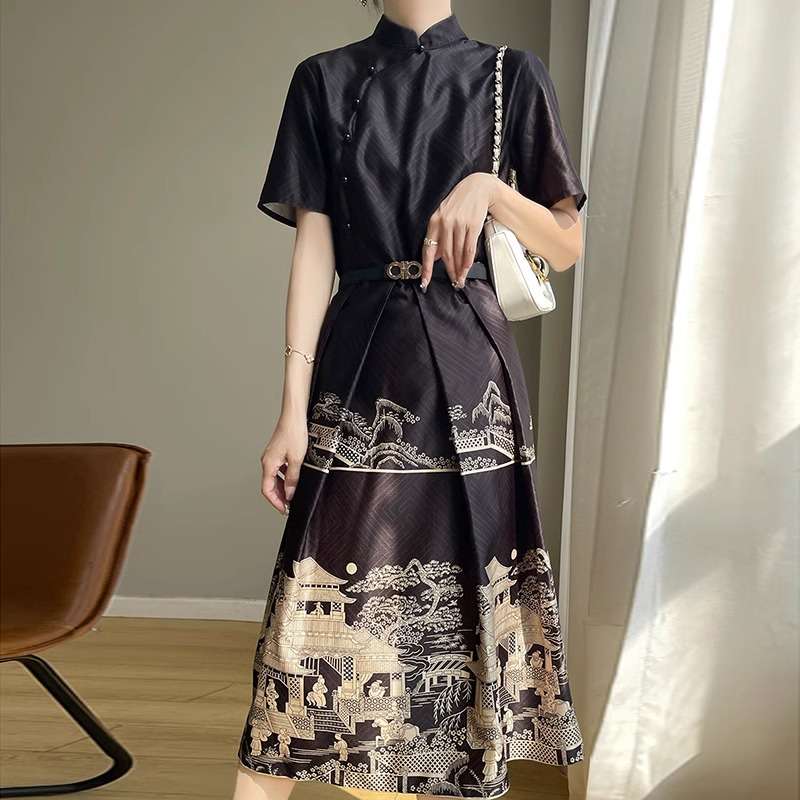 チャイナ服 優雅な風景模様チャイナカラーワンピース
