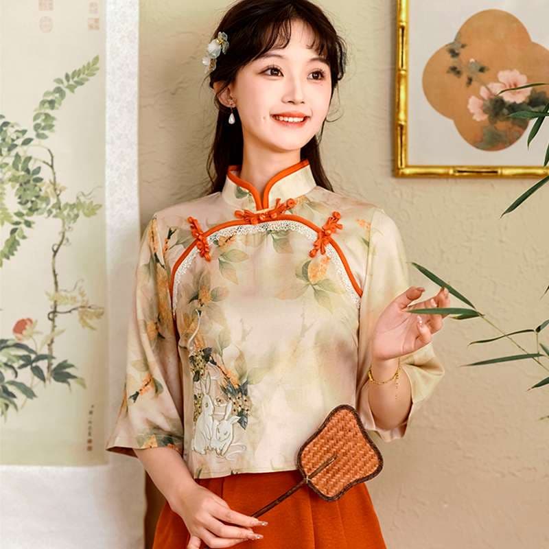 チャイナ服 花柄刺繍入りチャイナカラーブラウス