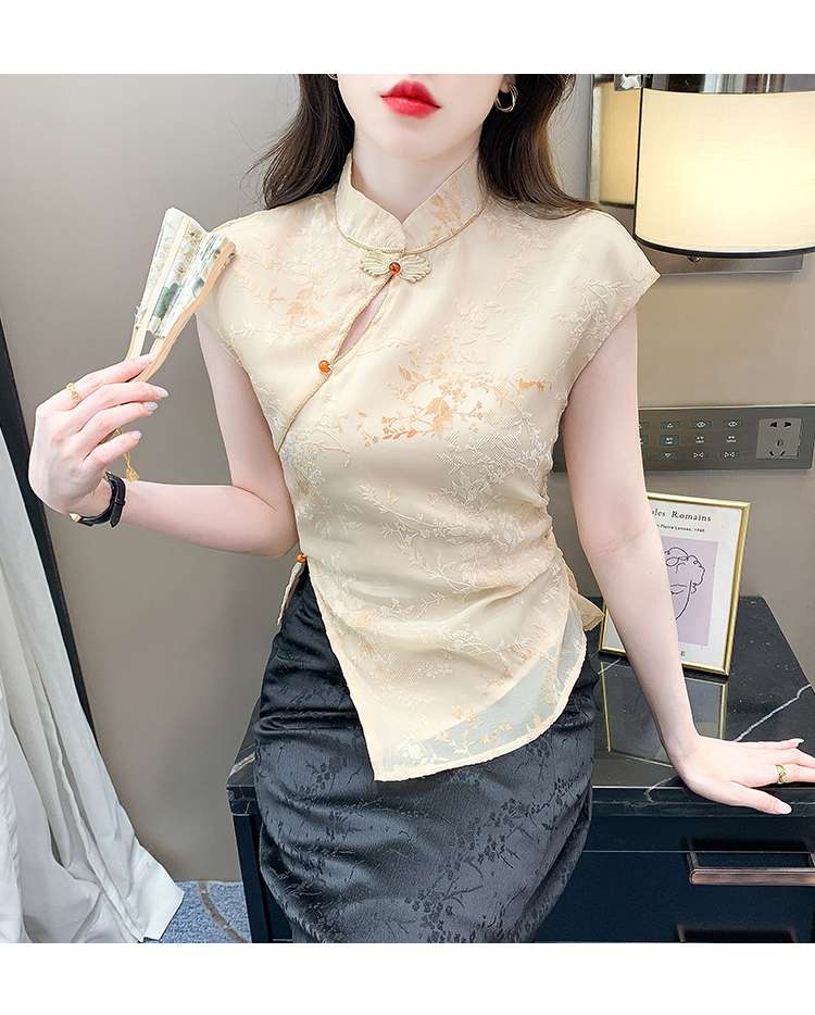 チャイナ服 チャイナ風刺繍入りキャップスリーブブラウス