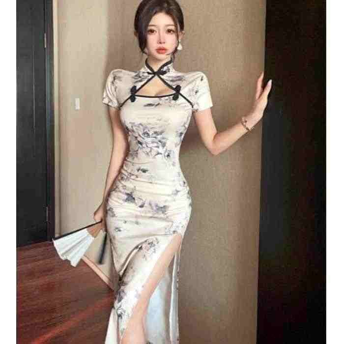 チャイナ服 水墨画柄チャイナドレス高級セクシースリット旗袍