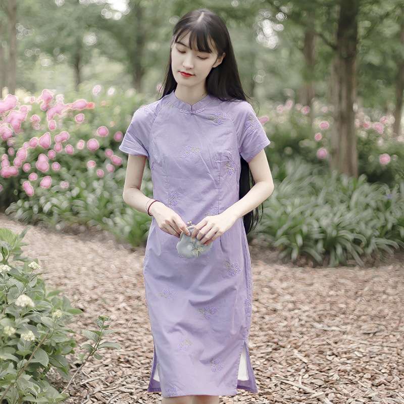 チャイナ服 ラベンダーシルエット フェミニンロングワンピース