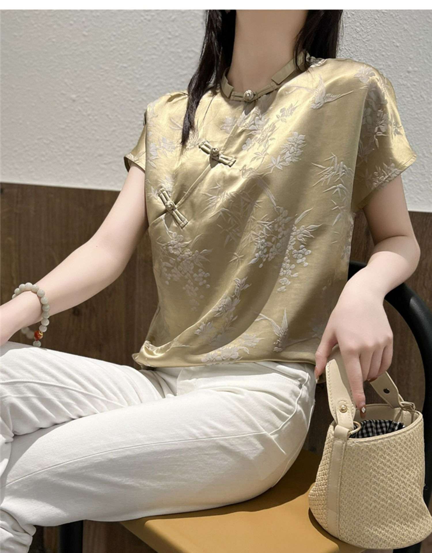 チャイナ服 花鳥柄チャイナトップス 刺繍入り半袖