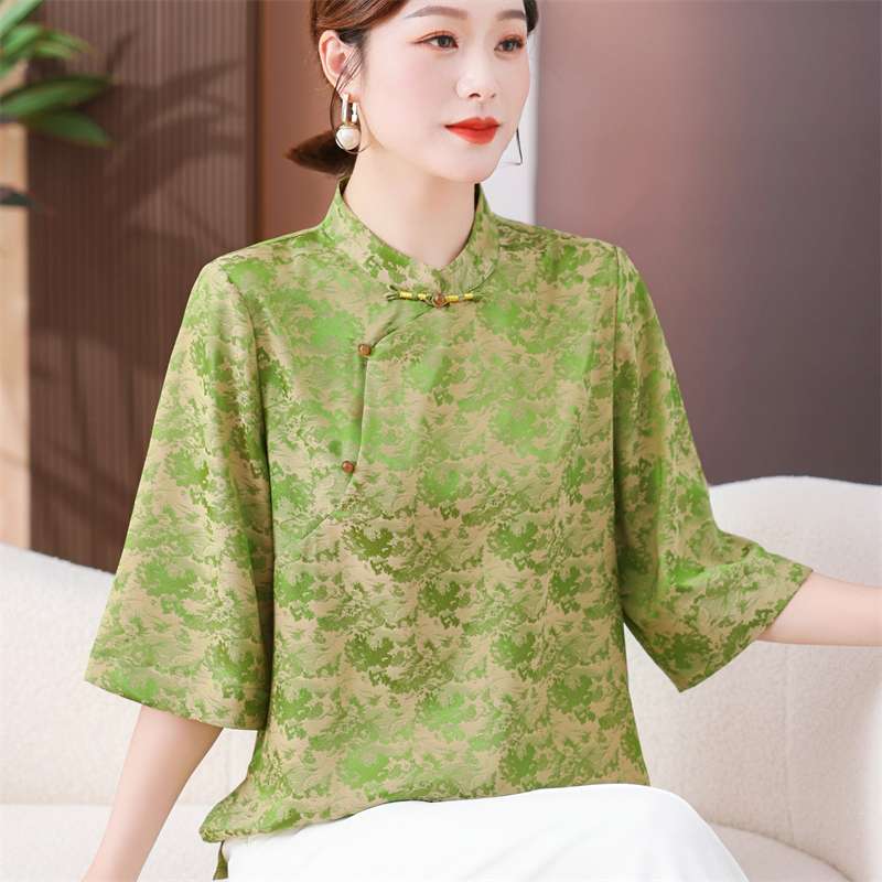 チャイナ服 チャイナカラー花柄プリントブラウス