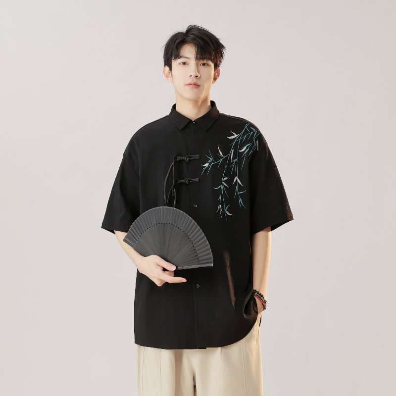 チャイナ服 墨絵風竹柄チャイナシャツ