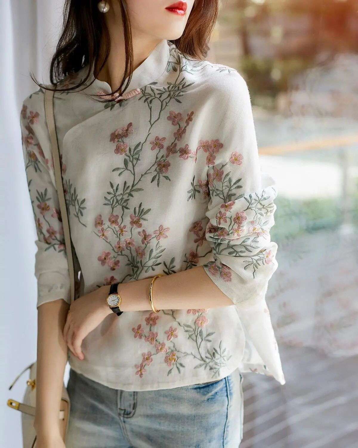 チャイナ服 花刺繍風チャイナカラーブラウス