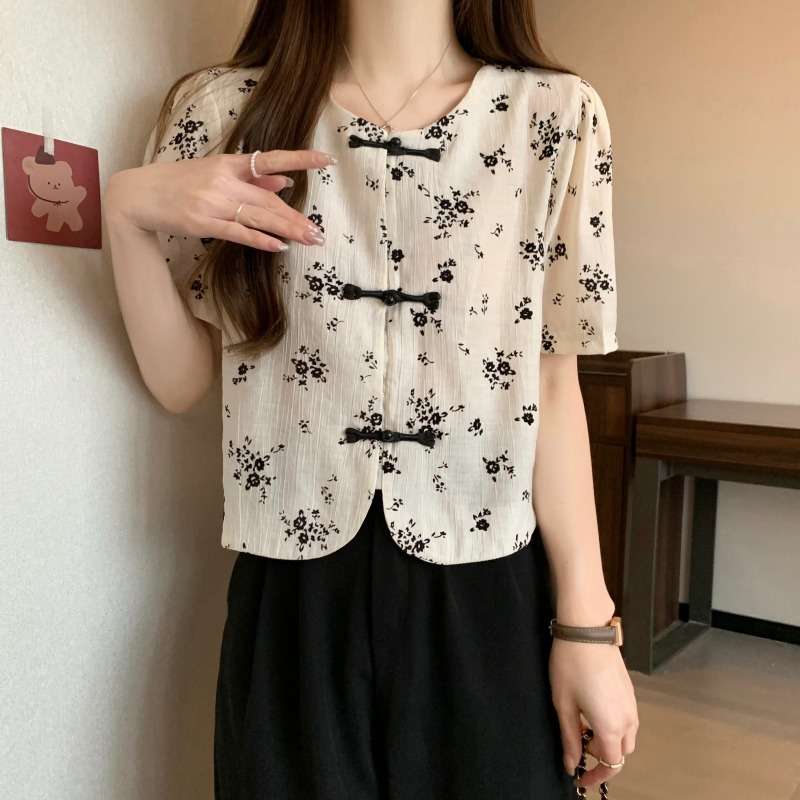 チャイナ服 花柄チャイナ風ショートスリーブブラウス