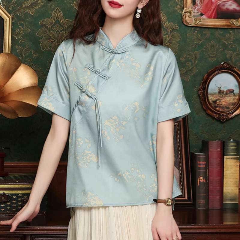 チャイナ服 優雅な金箔模様入りチャイナカラーブラウス