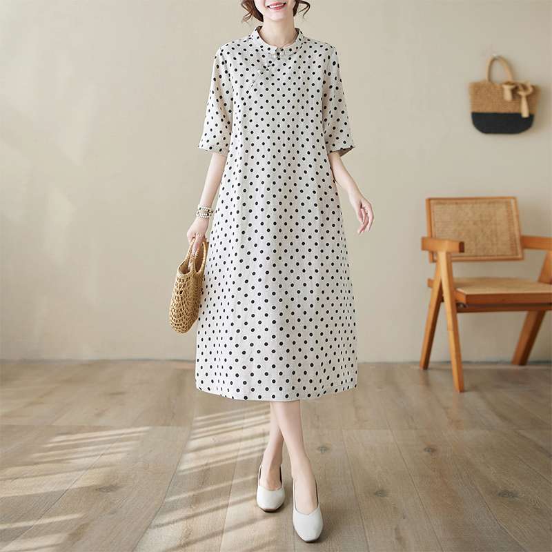 チャイナ服 水玉模様のシンプルロングワンピース