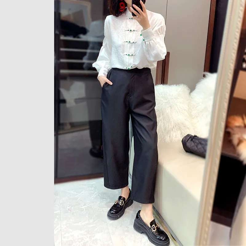 チャイナ服 東洋風デザインのシルク調ブラウス