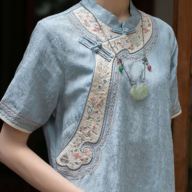 チャイナ服 水面刺繍のリラックスロングワンピース
