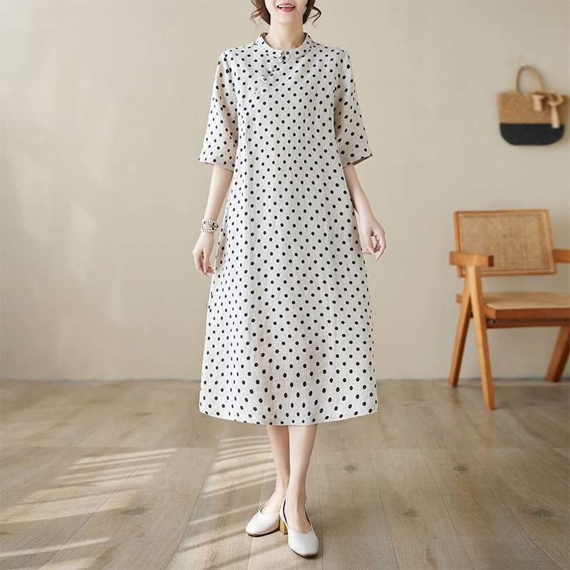 チャイナ服 水玉模様のシンプルロングワンピース