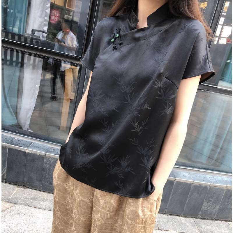 チャイナ服 竹柄刺繍入りチャイナカラーブラウス