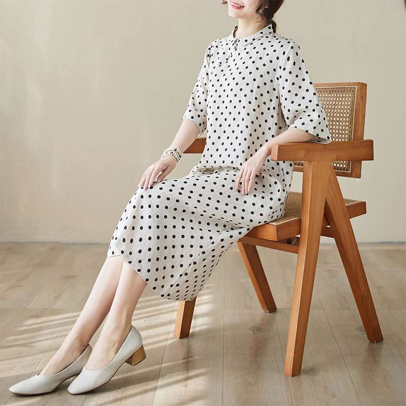 チャイナ服 水玉模様のシンプルロングワンピース