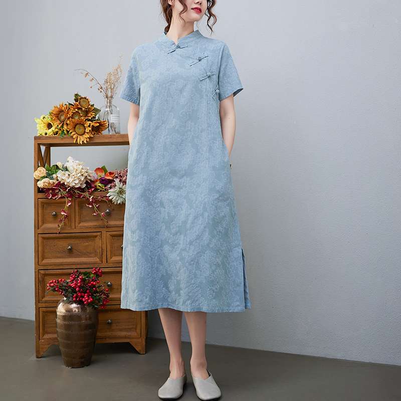 チャイナ服 チャイナ風リネンワンピース 優雅な普段着