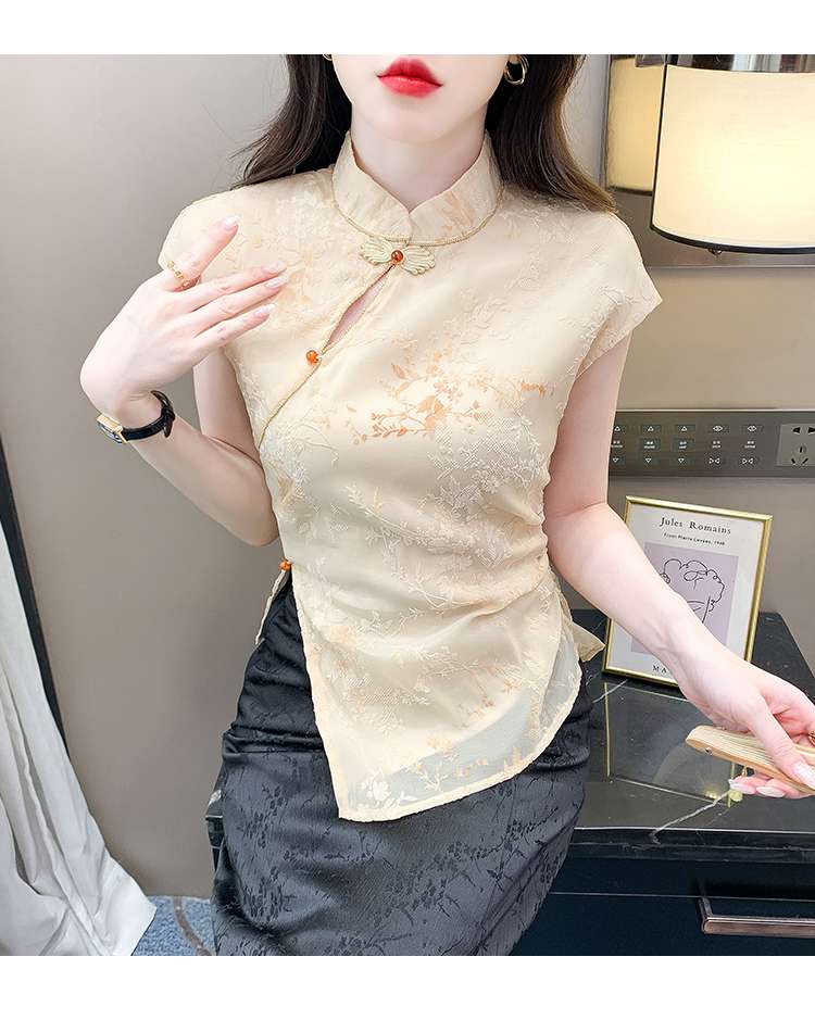 チャイナ服 チャイナ風刺繍入りキャップスリーブブラウス