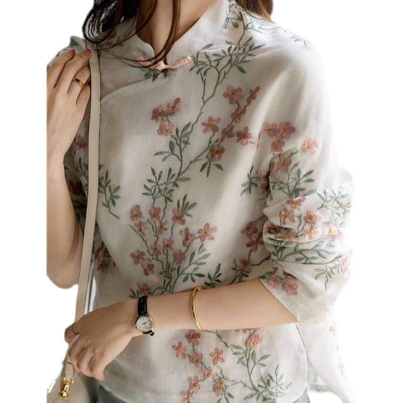 チャイナ服 花刺繍風チャイナカラーブラウス