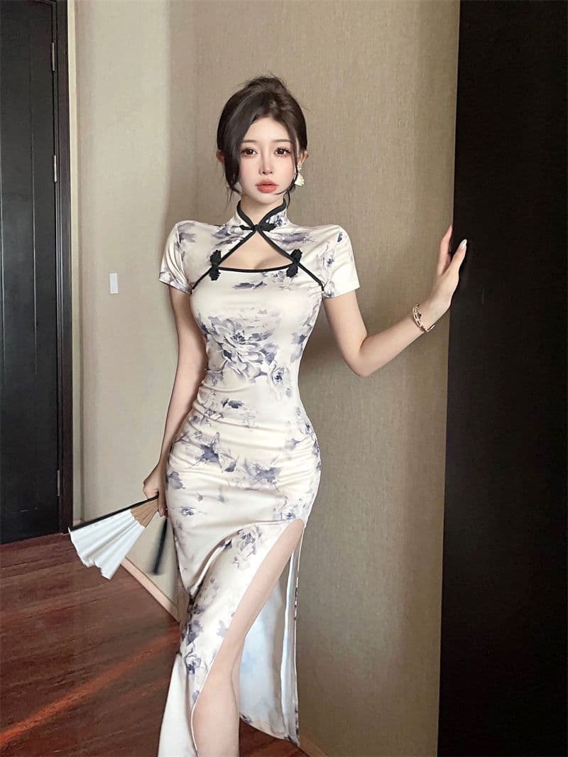 チャイナ服 水墨画柄チャイナドレス高級セクシースリット旗袍