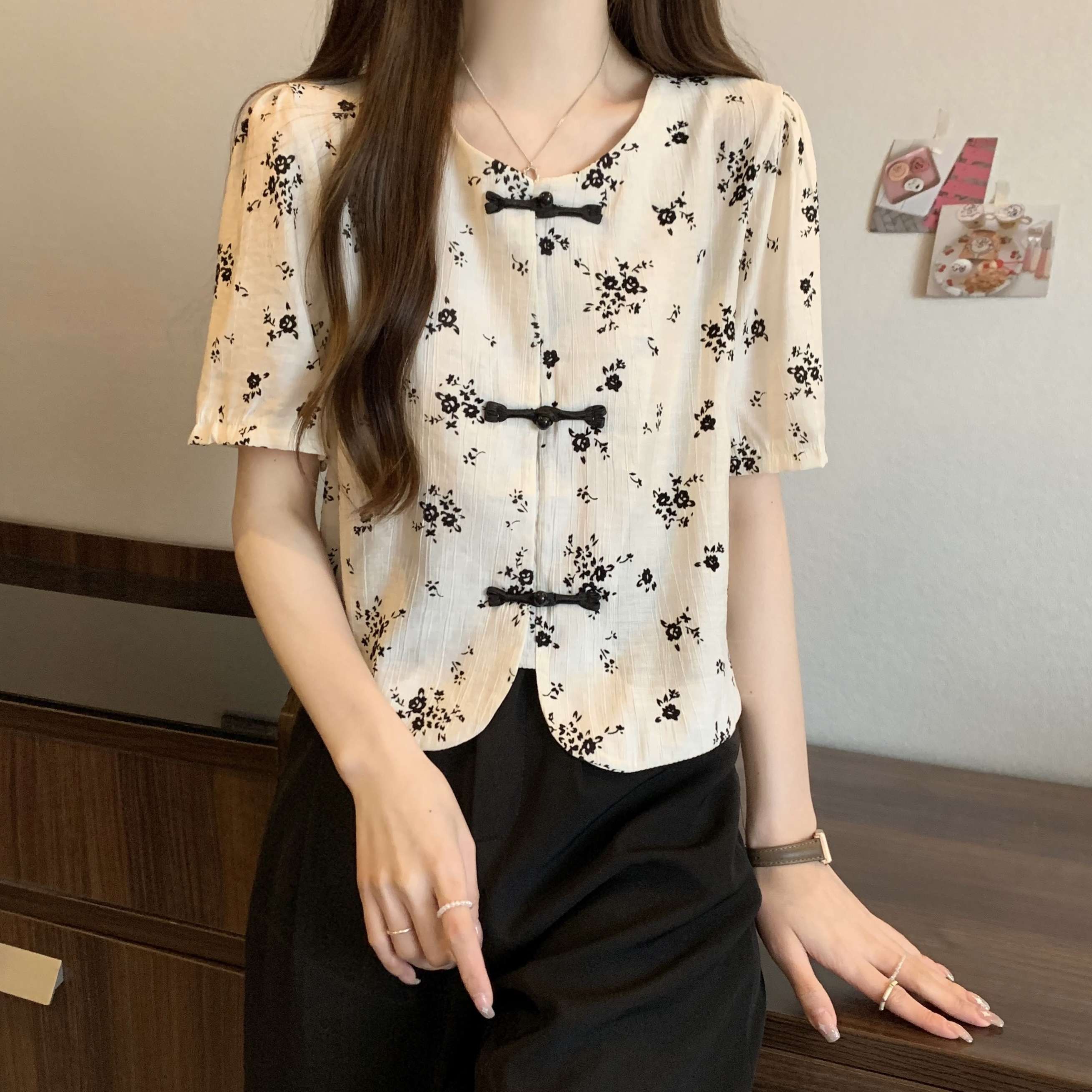 チャイナ服 花柄チャイナ風ショートスリーブブラウス
