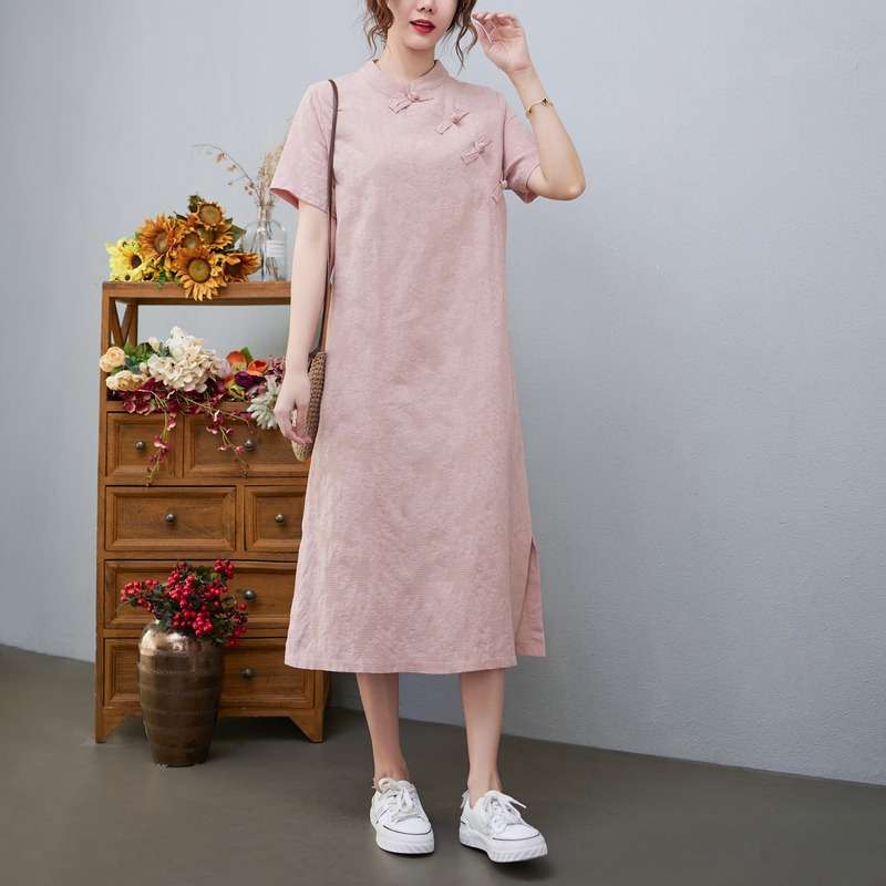 チャイナ服 チャイナ風リネンワンピース 優雅な普段着