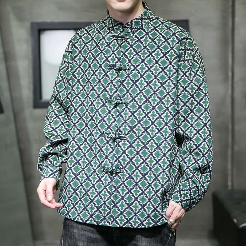 チャイナ服 チャイナ風デザイン幾何学柄シャツ