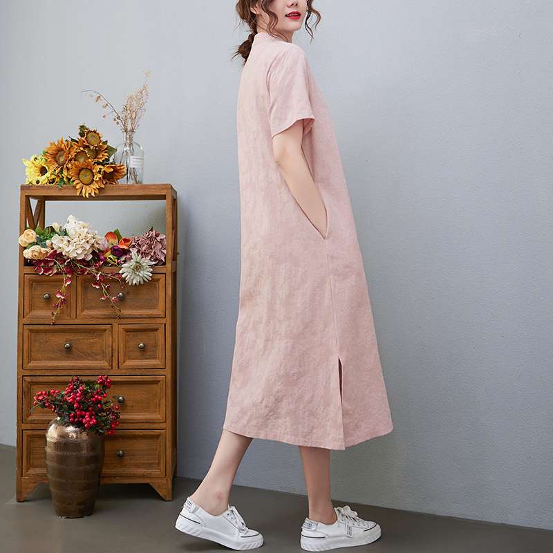 チャイナ服 チャイナ風リネンワンピース 優雅な普段着