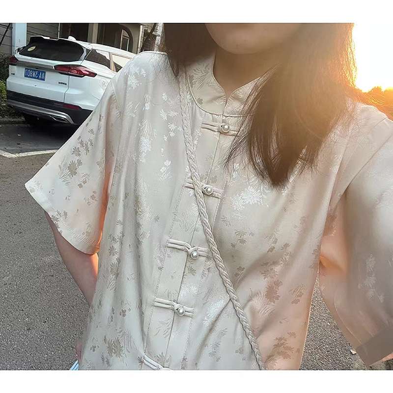 チャイナ服 花柄チャイナトップス半袖シャツ