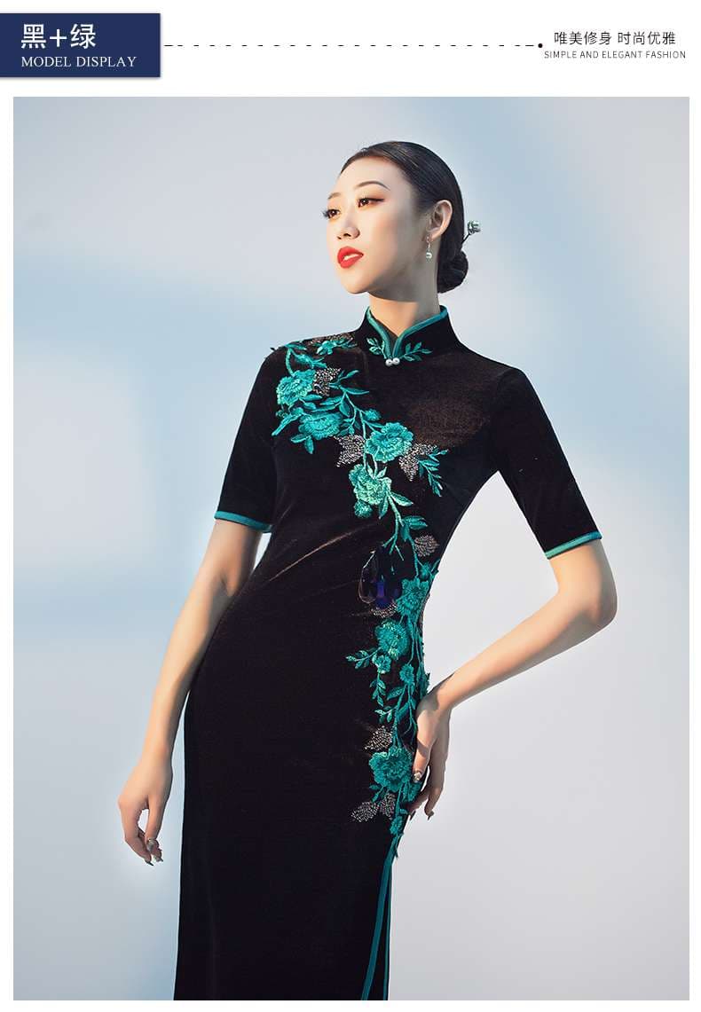 チャイナ服 花刺繍入りチャイナドレス 華麗なスリット