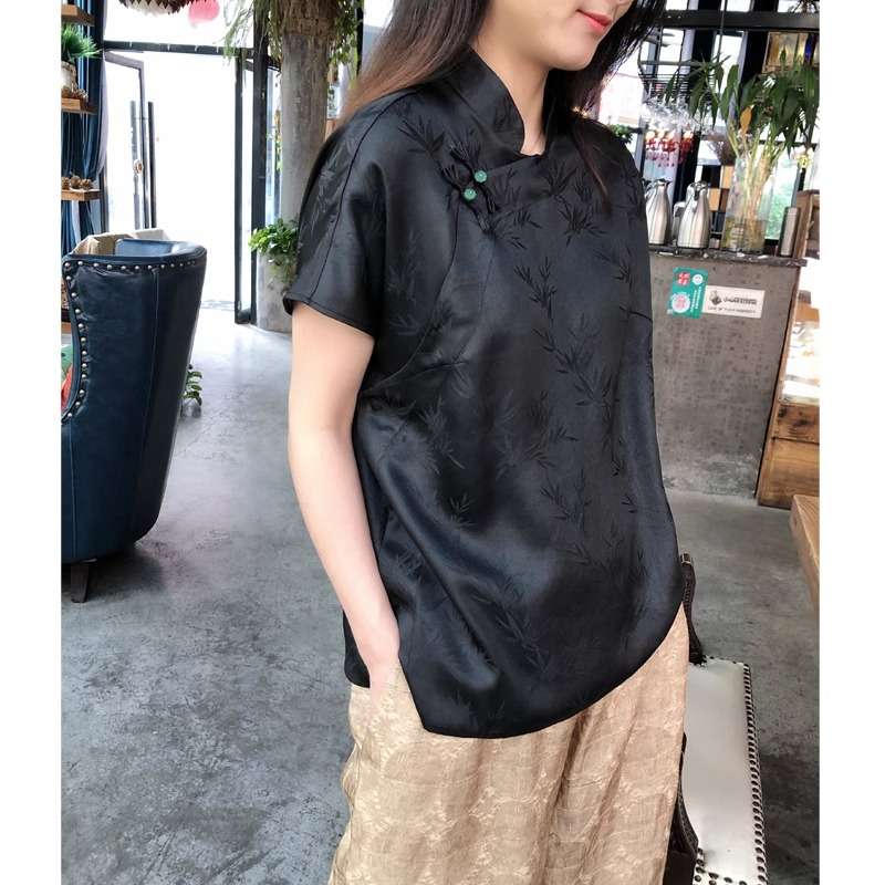 チャイナ服 竹柄刺繍入りチャイナカラーブラウス