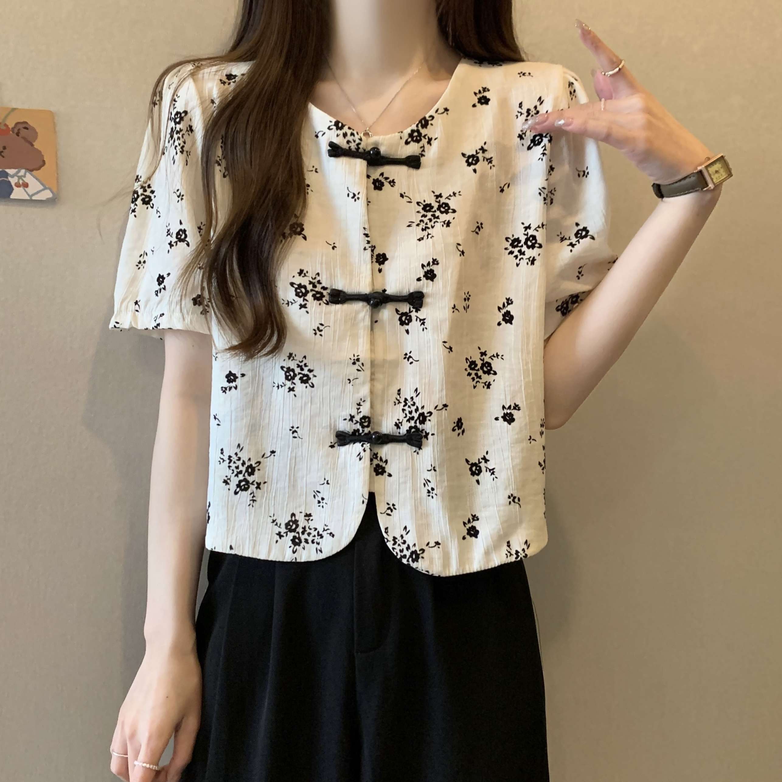チャイナ服 花柄チャイナ風ショートスリーブブラウス