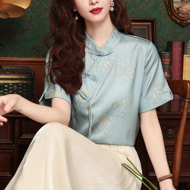 チャイナ服 優雅な金箔模様入りチャイナカラーブラウス