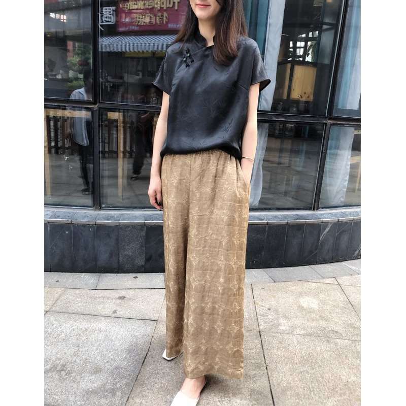 チャイナ服 竹柄刺繍入りチャイナカラーブラウス